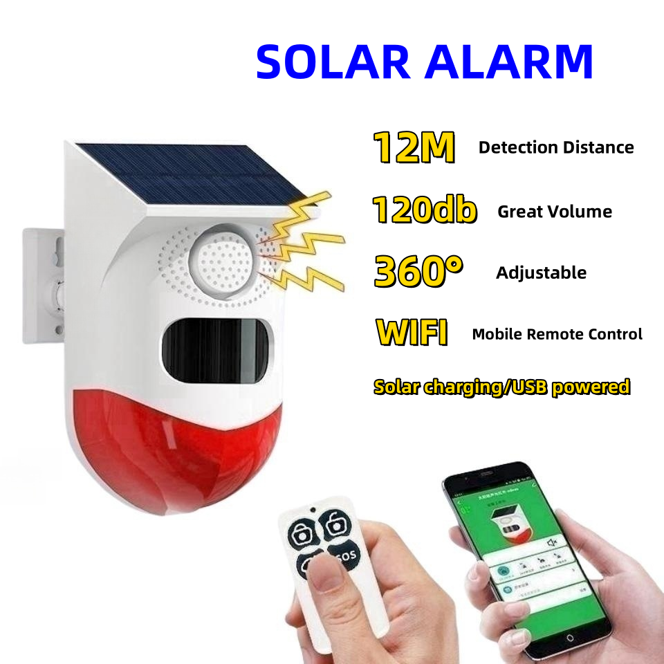 WiFi solalarmlys med bevegelsessensor PIR-sensor infrarød detektor utendørs solalarm med vanntett skjerm for hjemmet